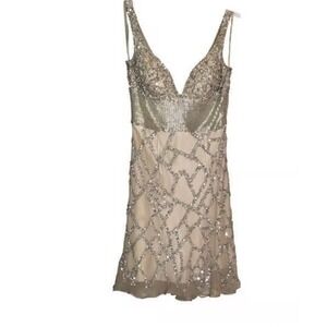 Dress Gold Beaded Prom Size 14 wedding special occasion sparkly Silk Beaded